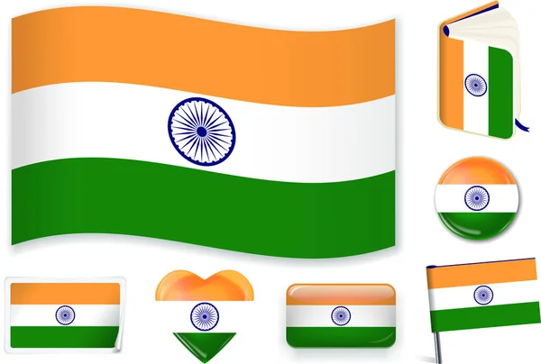 印度。印度国旗波, 书, 圆, 针, 按钮, 心脏和贴纸. — 图库矢量图片
