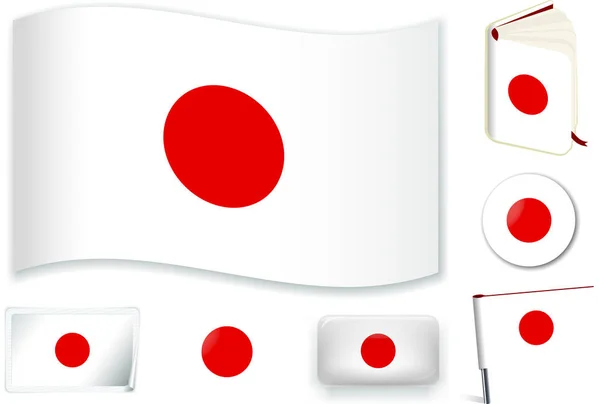 Japón. Onda de bandera japonesa, libro, círculo, pin, botón, corazón y etiqueta engomada . — Vector de stock