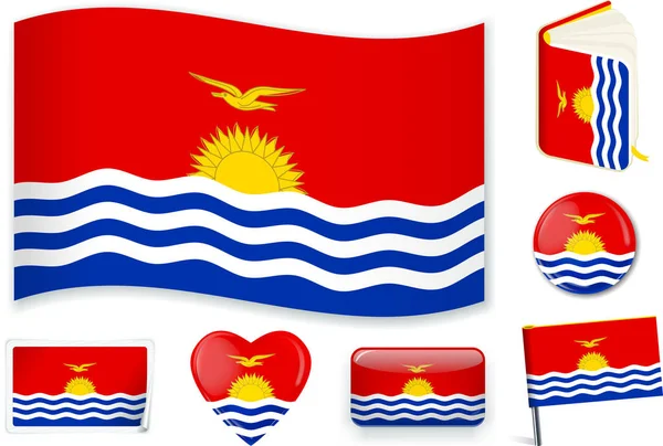 Kiribati onda de la bandera, libro, círculo, pin, botón, corazón y pegatina . — Vector de stock
