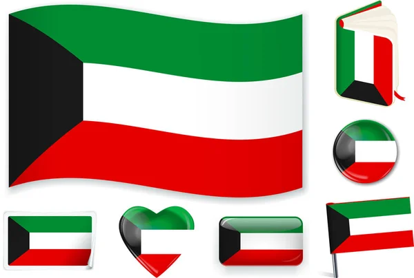 Kuwait Flagge schwenken, Buch, Kreis, Pin, Knopf, Herz und Aufkleber. — Stockvektor