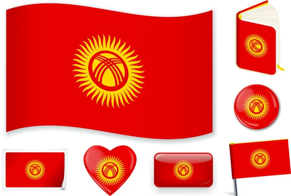 Onda de bandera de Kirguistán, libro, círculo, pin, botón, corazón y pegatina . — Vector de stock