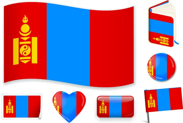 Mongolia. Bandera de Mongolia onda, libro, círculo, pin, botón, corazón y pegatina . — Vector de stock