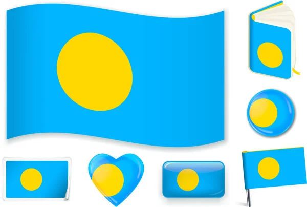 Palau, vlajka, kniha, kruh, špendlík, knoflík, srdce a nálepka. — Stockový vektor