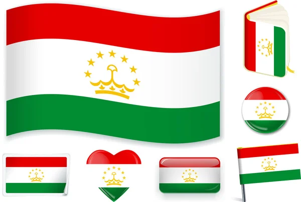 Tacikistan bayrağı dalga, kitap, daire, pin, düğme, kalp ve Sticker.