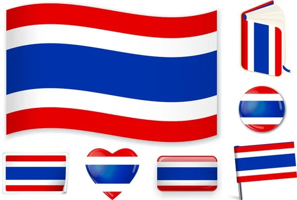 Tailandés. Tailandia bandera ola, libro, círculo, pin, botón, corazón y etiqueta engomada . — Vector de stock