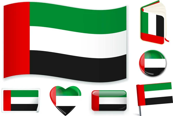 Vereinigte arabische Emirate Flagge schwenken, Buch, Kreis, Anstecknadel, Knopf, Herz und Aufkleber. — Stockvektor