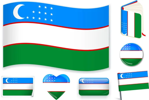 Uzbekistán bandera ola, libro, círculo, pin, botón, corazón y etiqueta engomada . — Vector de stock