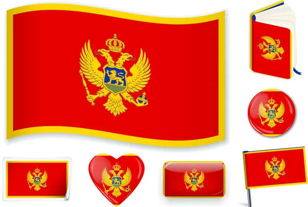 Ilustración vectorial de bandera nacional montenegrina en diferentes formas . — Vector de stock
