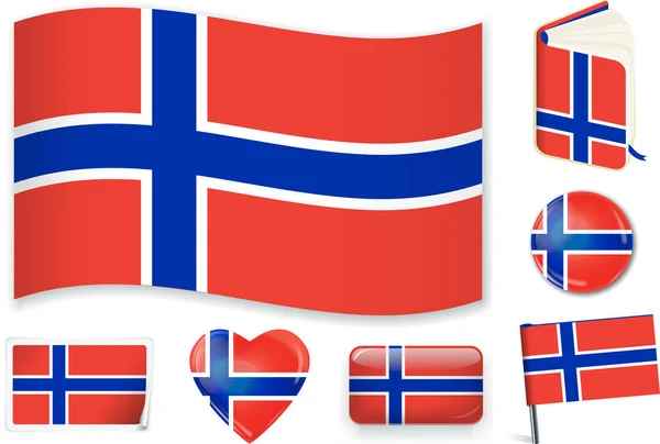 Ilustração do vetor da bandeira nacional norueguesa em diferentes formas . — Vetor de Stock