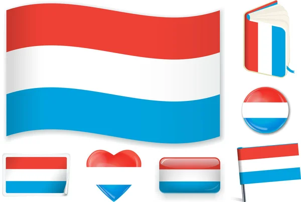 Ilustración vectorial de bandera nacional luxemburguesa en diferentes formas . — Vector de stock