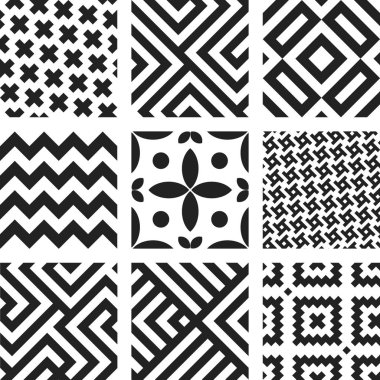 Siyah beyaz dokuz dikişsiz geometrik düzenli desen.