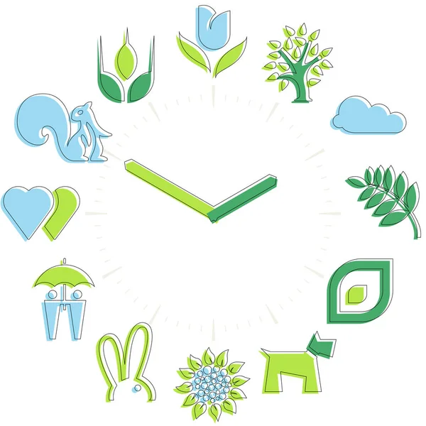 Spring time. Activities icons in a watch sphere with hours. — Stock Vector