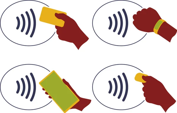 NFC wireless payment method icon set with hands set. — Stock Vector