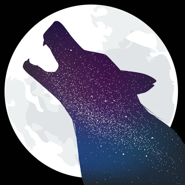 Howling wolf isolated with moon and interior galaxy. — Stock Vector