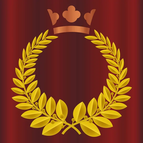 Bayleaf couronne couronne couronne prix sur fond de rideau rouge velours. Couronne royale en couleur cuivre. Victoire, honneur, illustration vectorielle de qualité. — Image vectorielle