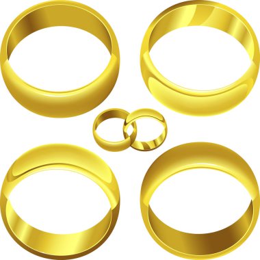 Farklı pozisyonlarda ve renklerde Altın yüzük. Izole.