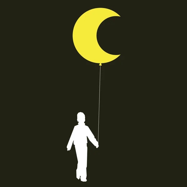 Taart in de lucht. Jongen die een maan ballon draagt. — Stockvector