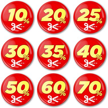 Makas sembolü ile kırmızı indirim rozeti. Uluslararası burç.