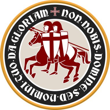 Latin metin, şövalyeler ve çapraz ile Tapınak dairesel amblemi.