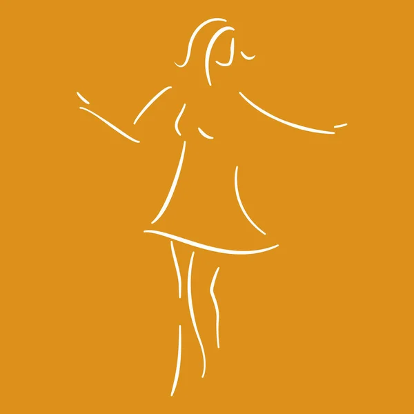 Silueta de línea de mujer bailando simple en blanco sobre fondo naranja . — Vector de stock