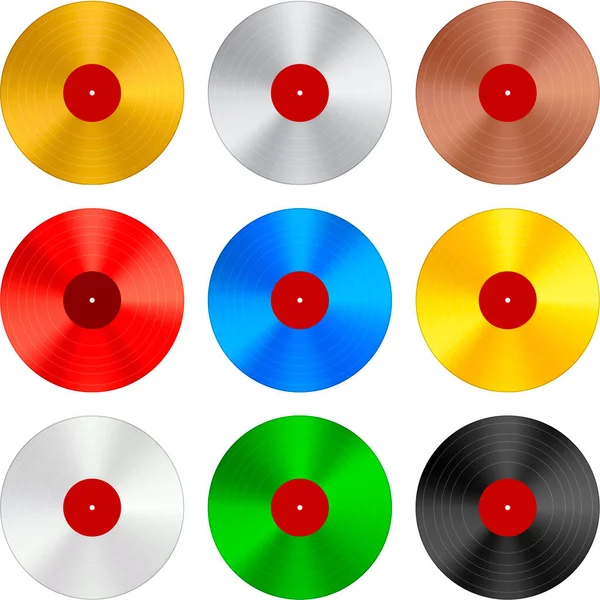 Vinylplaat in verschillende kleuren geïsoleerd op witte achtergrond. — Stockvector