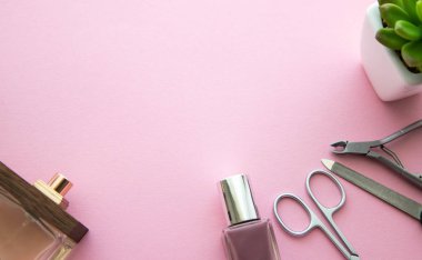 oje, pembe renk, parfüm şişesi, manikür makas, tırnak dosyası, kütikül nippers ve pembe bir arka plan üzerinde beyaz bir tencerede yeşil çiçek, üst görünüm. Düz yatıyordu. Kopyalama alanı