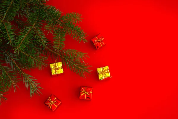 Zelené smrkové větve a vánoční dárkové krabice červené se zlatými stuhami na červeném pozadí.Vánoční pozadí koncept. Kopírovat prostor — Stock fotografie