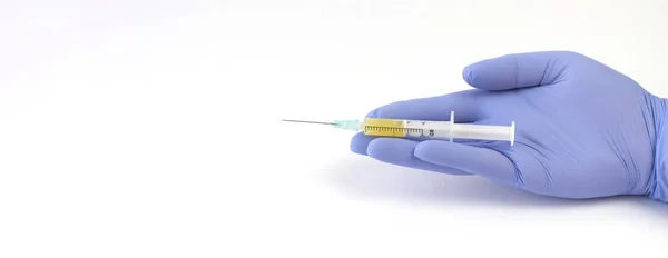 Syringe Medicine Antibiotic Vaccine Blue Medical Glove Vitamin Injections Skin — Stock Photo, Image
