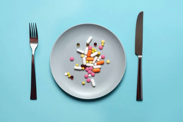 Handful Pills Capsules Multi Colored Tablets Plate Next Cutlery Taking — Stock Photo, Image