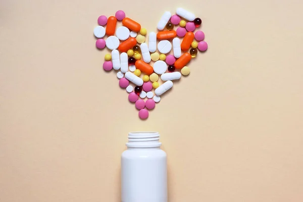 Medical Concept Assorted Pharmacological Preparations Pills Pills Shape Heart Bottle — Stock Photo, Image