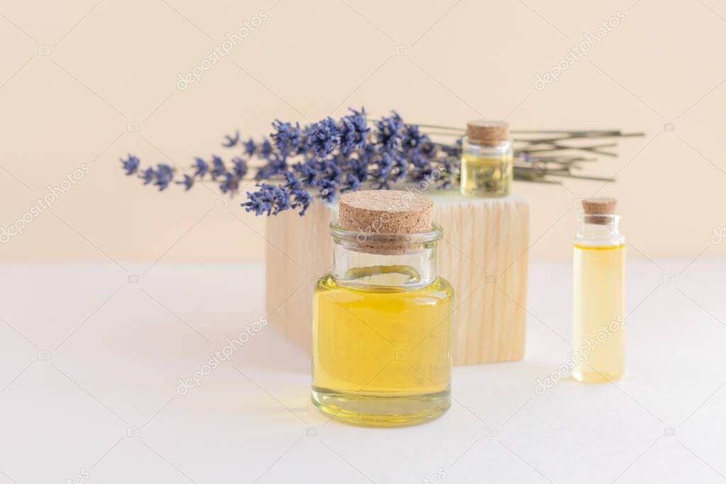 Organic, natural lavender essential oil. Dry herbs, neutral background. Natural cosmetics concept. Place for text.