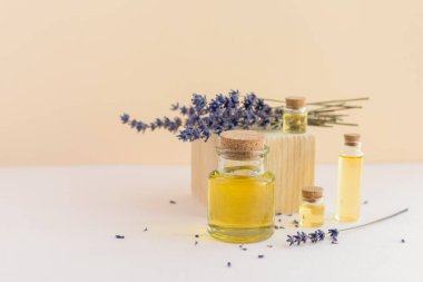 Çeşitli cam şişelerdeki organik lavanta ya da aromatik yağ. Kuru çiçekler, ahşap, doğal tonlar. Mesajın için yer aç. Doğal kozmetik konsepti.
