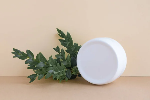 Frasco cosmético blanco vacío con crema, loción hidratante o mascarilla para el cabello junto a hojas verdes. Ingredientes orgánicos naturales. Burla Vista frontal. Concepto de cosmética natural — Foto de Stock