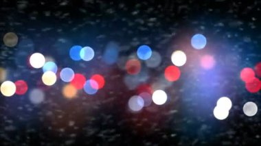 Güçlü Blizzard kar fırtına fırtına kuvvet gece yanıp sönen arka plan ışıklar. 3D animasyon ilmekledi. Tatil kutlama kavramı. 4 k Ultra Hd 3840 x 2160.