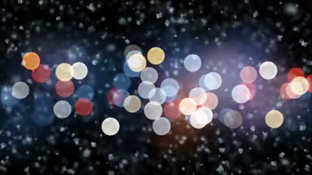 Hermosa Navidad suave nieve cayendo en luces nocturnas parpadeando fondo con brisa lenta sin costuras. Animación 3D en circuito de cámara lenta. Concepto de celebración festiva. 4k Ultra HD 3840x2160 — Vídeo de stock