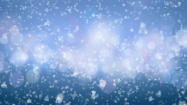 Hermosos copos de nieve de primer plano que caen lentamente sin costuras con desenfoque DOF sobre fondo azul de Bokeh. Animación en 3D con bucle de cámara lenta. 4k Ultra HD 3840x2160 . — Vídeos de Stock