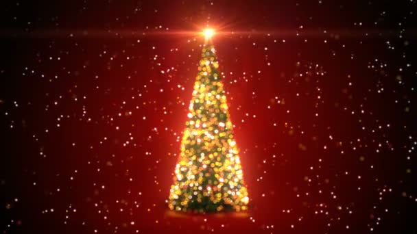 Golden Christmas Tree, villogó fények, forgatható a hóesés a Defocused Blur Bokeh, piros háttér. Végtelenített 3D-s animáció. Kellemes karácsonyi ünnepeket és boldog új évet koncepció. 4 k Ultra Hd 3840 x 2160