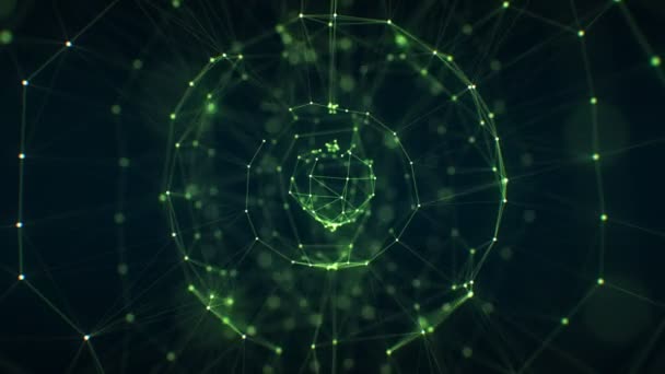 美しい抽象緑ホログラフィック球ネットワーク網がクローズ アップ被写し界深度ブラー シームレスで回転します。成長するビジネス ネットワーク概念の 3 d アニメーションをループします。4 k 超の Hd 3840 x 2160 — ストック動画