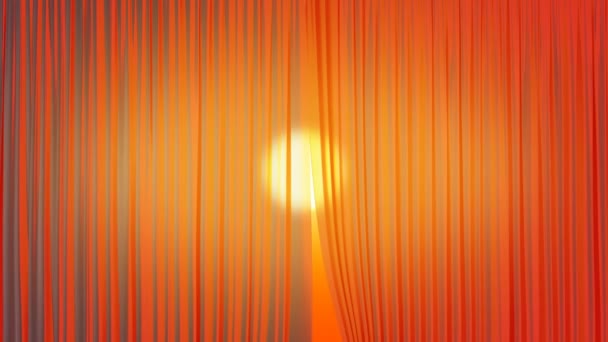Wunderschöne orangefarbene Sonnenuntergangssonne durch die wehenden Vorhänge. 3D-Animation leichter seidiger Vorhänge im Wind, die den Blick auf den Abendhimmel eröffnen. 4k ultra hd 3840x2160. — Stockvideo