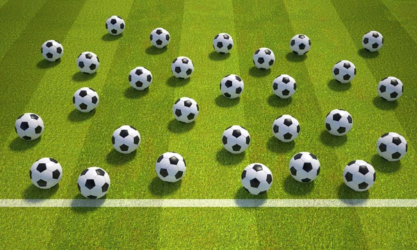 Много Футбольных Мячей Поле Иллюстрация — стоковое фото
