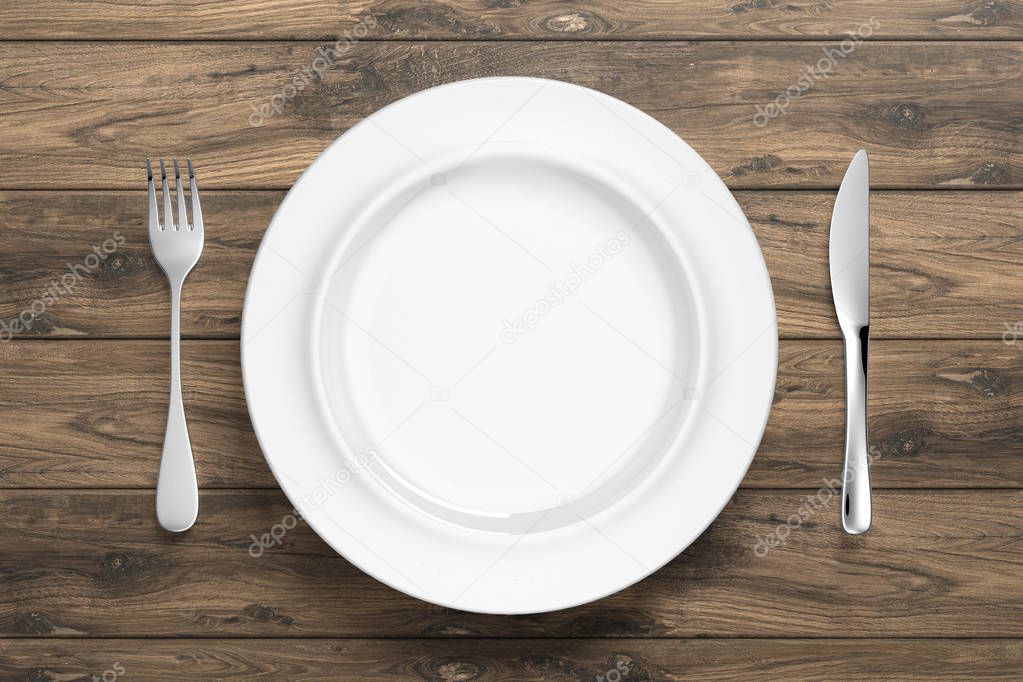 white porcelain dinnerware with silver cutlery - Illustration