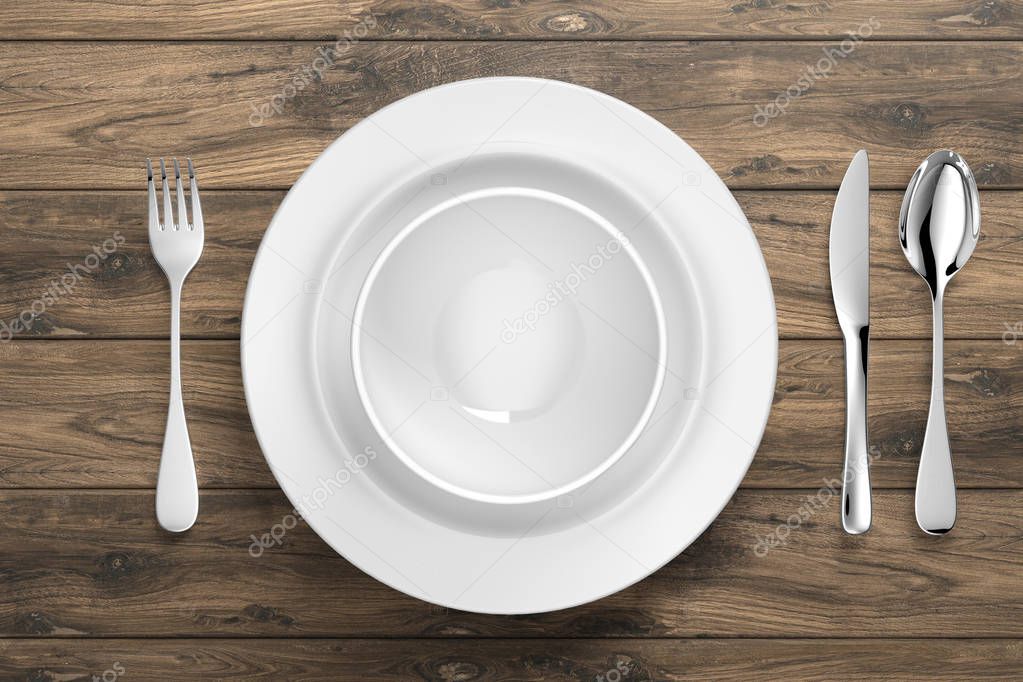 white porcelain dinnerware with silver cutlery - Illustration