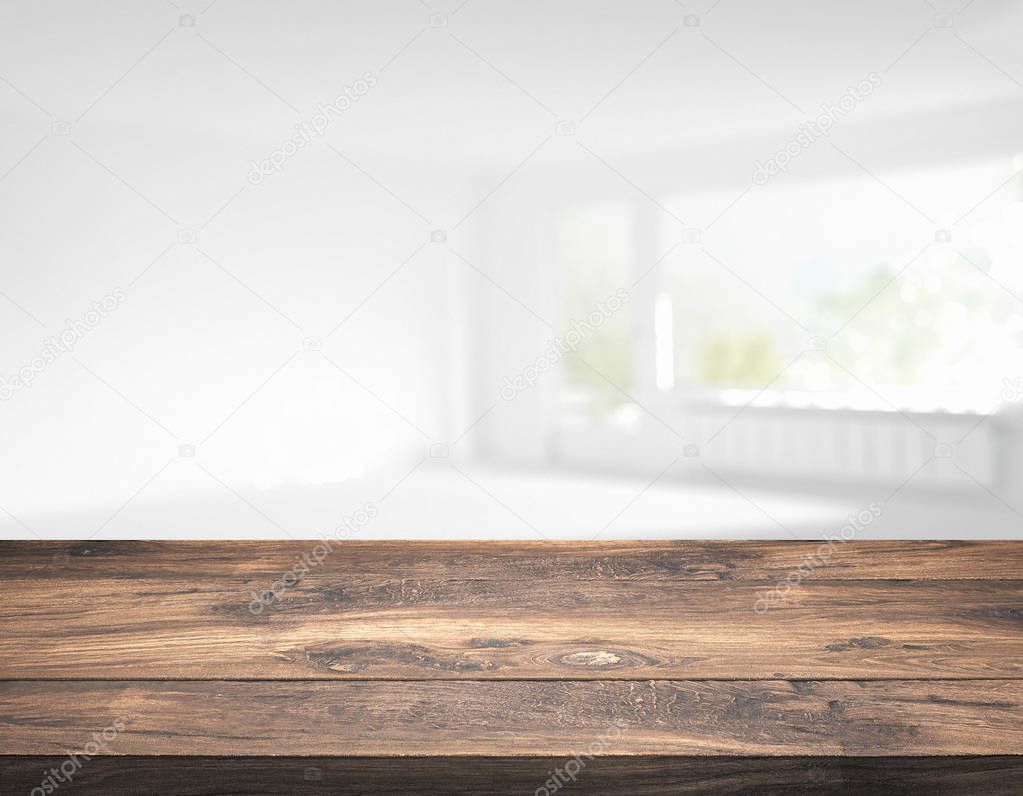 blank table top in front of blurry room - Illustration