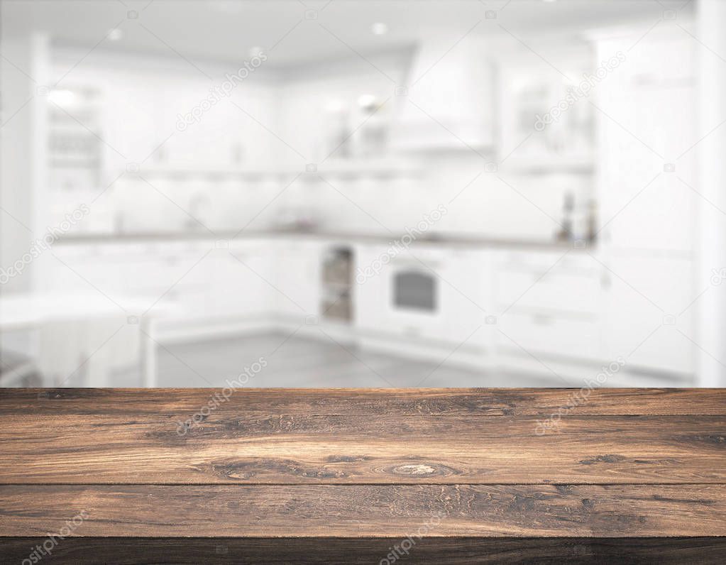 wooden table top in front of blurred kitchen - Illustration