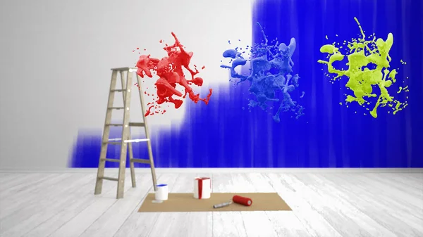 Blank Renovate Living Room Ladder Color Splash Buckets Illustration — Stockfoto