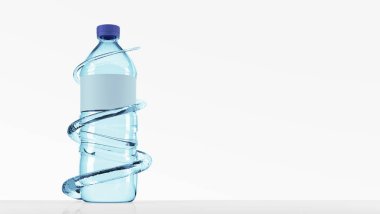 Şişenin etrafında dairesel su akışı olan temiz su şişesi - 3d Görüntü