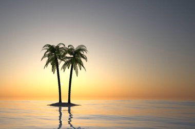 Gökyüzü ve güneşin önünde, denizde ağaç adası olan soyut manzara - 3D İllüstrasyon