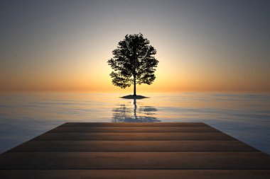 Gökyüzü ve güneşin önünde, denizde ağaç adası olan soyut manzara - 3D İllüstrasyon