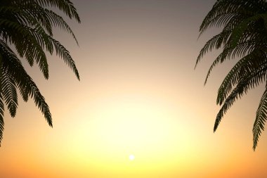 Gün batımının önünde palmiye ağacı ve gökyüzü arkaplanı olan güzel manzara - 3D Görüntü