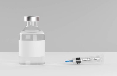Corona virüs aşı geliştirme şırınga ve ampul ile - 3 boyutlu illüstrasyon